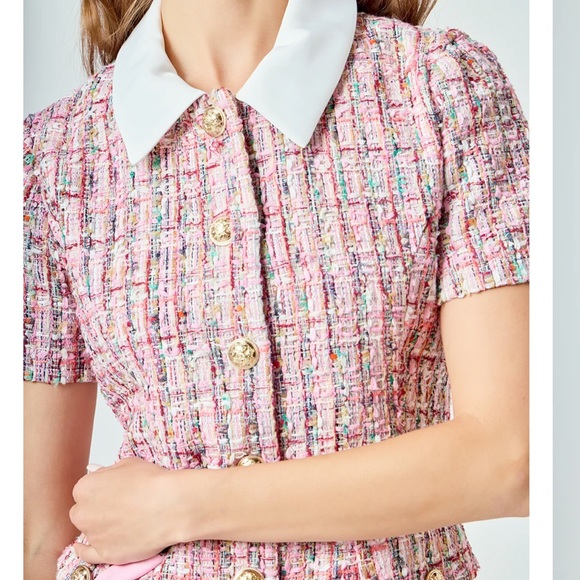 Endless Rose Pink Tweed Mini Dress with White Collar - Picture 4 of 10